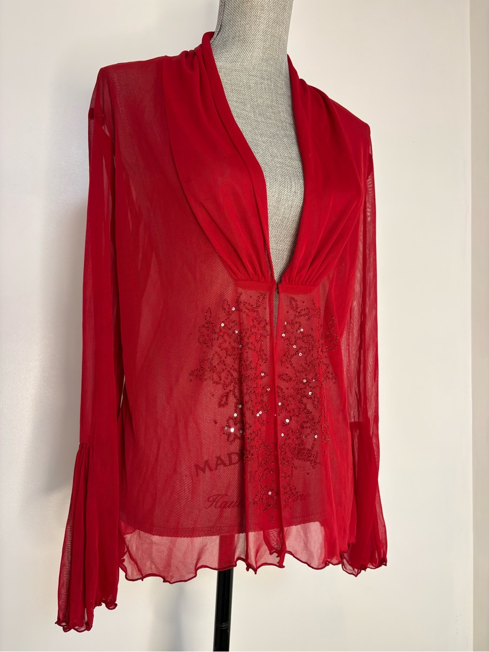 Women’s Red Sheer Embellished Blouse with Draped V-Neck